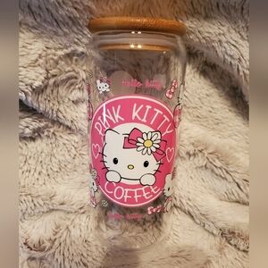 HELLO KITTY COFFEE STARBUCKS INSPIRED  20 OZ GLASS CUP & STRAW WITH BAMBOO LID